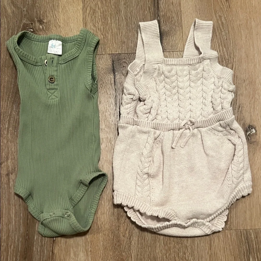 Green Ribbed Onesie little one shop and Cream Knit Romper cat & jack 12 month